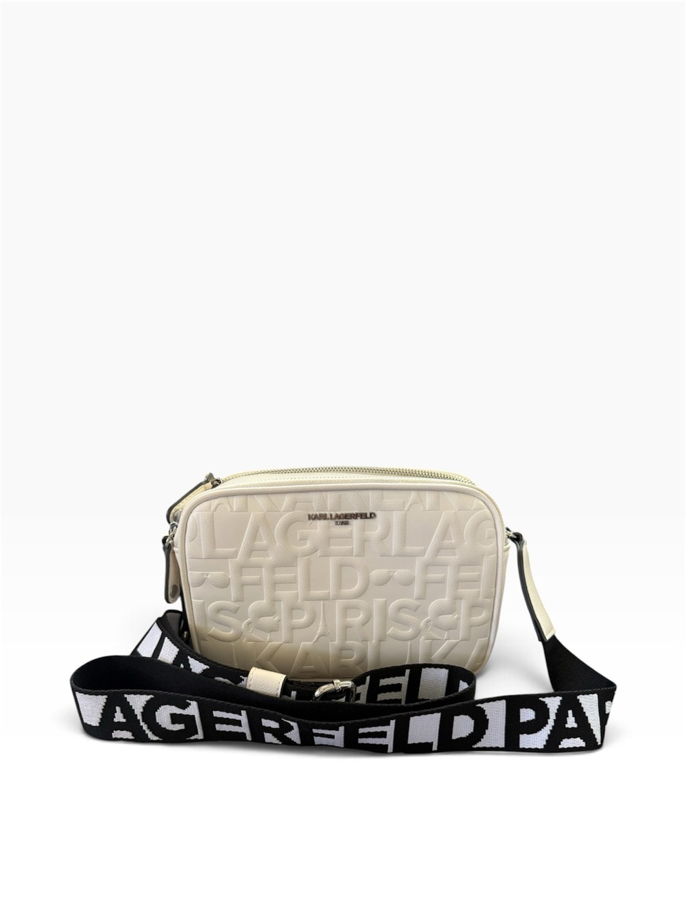 Karl Lagerfeld- White Embossed Crossbody Bag w/ Black Logo Strap